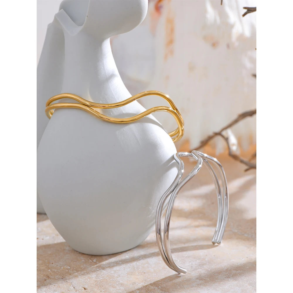 Yhpup novo exclusivo de aço inoxidável dupla camada oco ajustável manguito pulseira minimalista pulso charme jóias presente