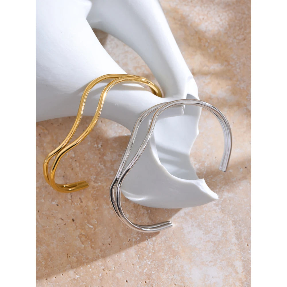 Yhpup novo exclusivo de aço inoxidável dupla camada oco ajustável manguito pulseira minimalista pulso charme jóias presente