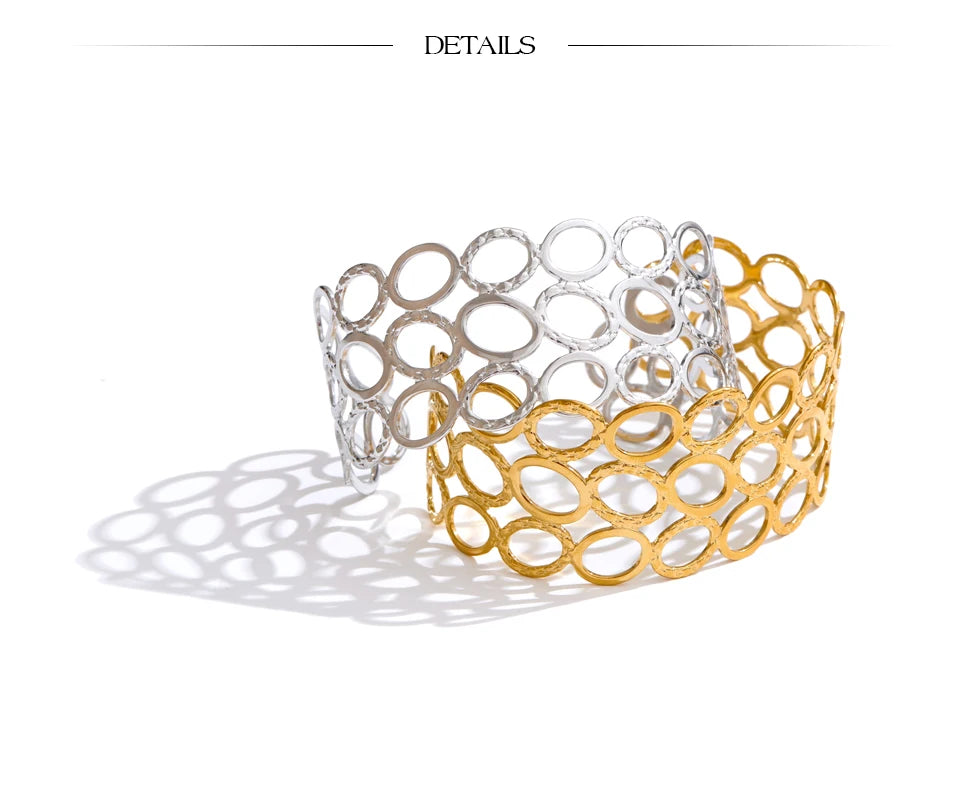 Yhpup-Aço Inoxidável Oval Oco Ampla Pulseira De Pulso Cuff, Resistente À Água Bangle, Metal Exagerado Presente Da Jóias