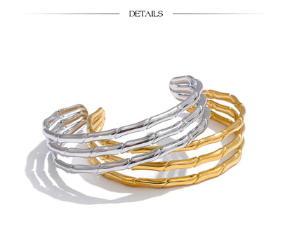 Yhpup pulseira de punho oco em camadas de metal de aço inoxidável à prova d'água elegante banhado a ouro e platina joia presente