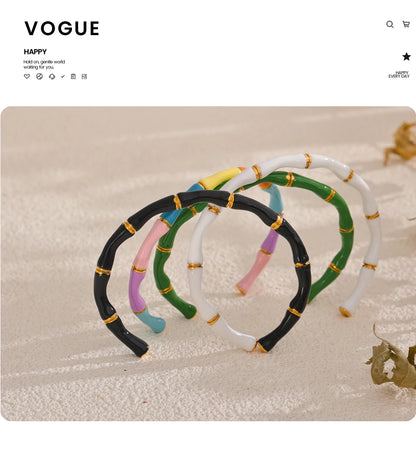 Yhpup verão colorido esmalte bambu manguito abertura pulseira para mulheres de aço inoxidável y2k moda jóias acessórios