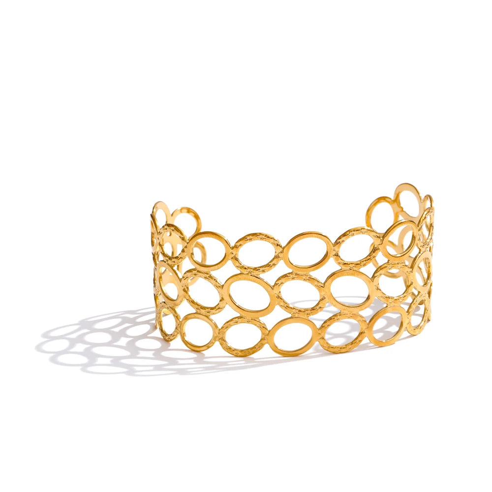 Yhpup-Aço Inoxidável Oval Oco Ampla Pulseira De Pulso Cuff, Resistente À Água Bangle, Metal Exagerado Presente Da Jóias