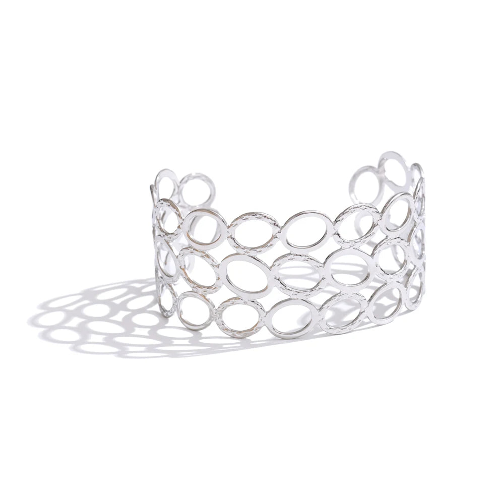 Yhpup-Aço Inoxidável Oval Oco Ampla Pulseira De Pulso Cuff, Resistente À Água Bangle, Metal Exagerado Presente Da Jóias