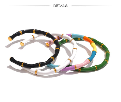 Yhpup verão colorido esmalte bambu manguito abertura pulseira para mulheres de aço inoxidável y2k moda jóias acessórios