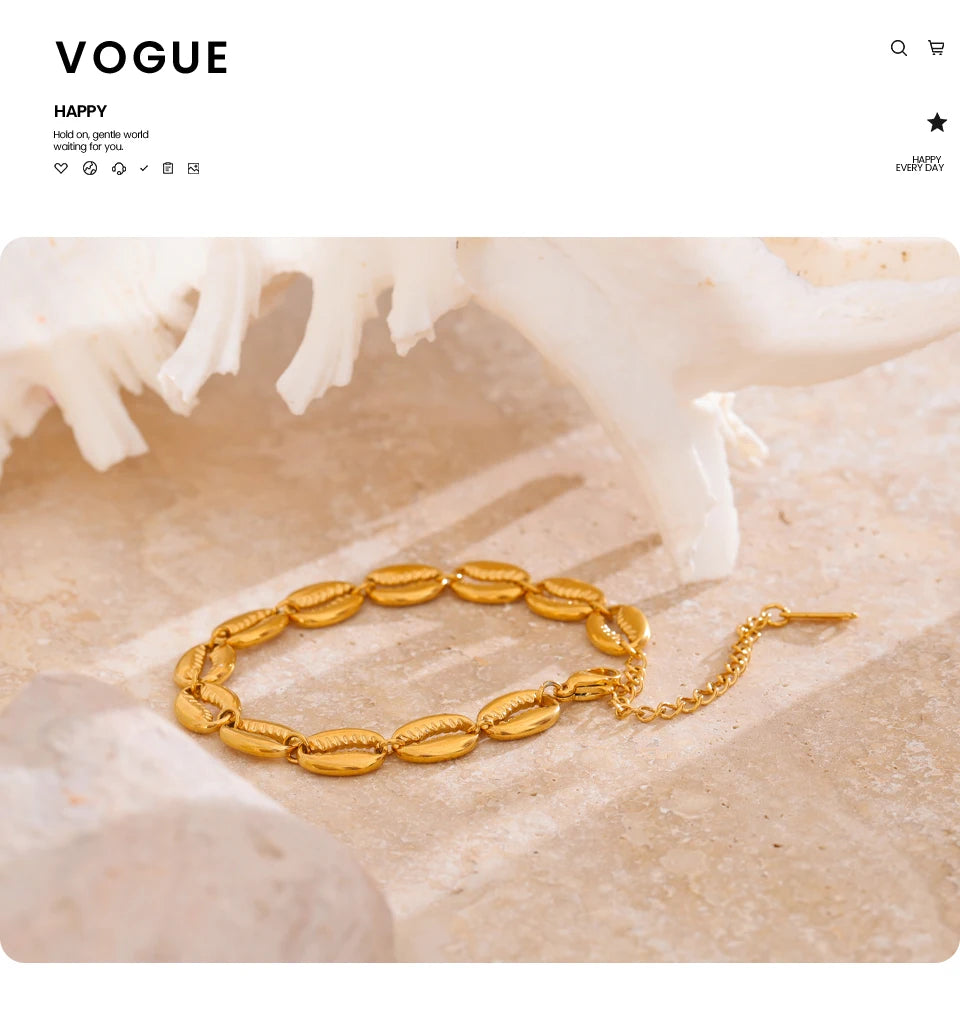 Yhpup aço inoxidável concha de metal cor dourada 18K banhado moda praia férias pulseira artesanal joias de verão à prova d'água