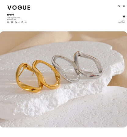 Yhpup minimalista 316l aço inoxidável oval oco charme brincos de metal 18k banhado a ouro e platina versátil jóias diárias