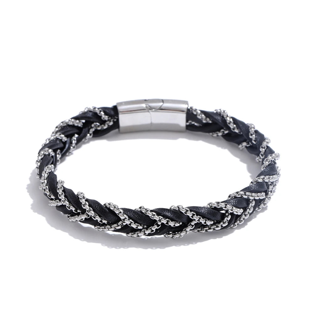 Yhpup moda aço inoxidável metal couro trançado artesanal pulseira masculina presente para pai e namorado acessórios retro