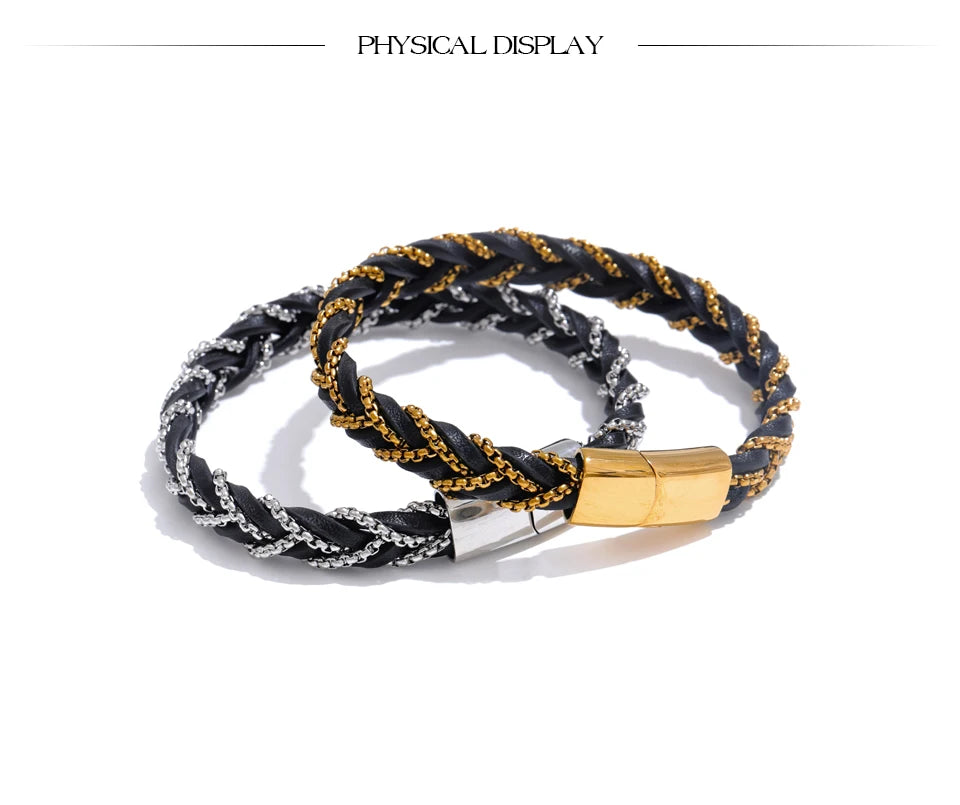 Yhpup moda aço inoxidável metal couro trançado artesanal pulseira masculina presente para pai e namorado acessórios retro